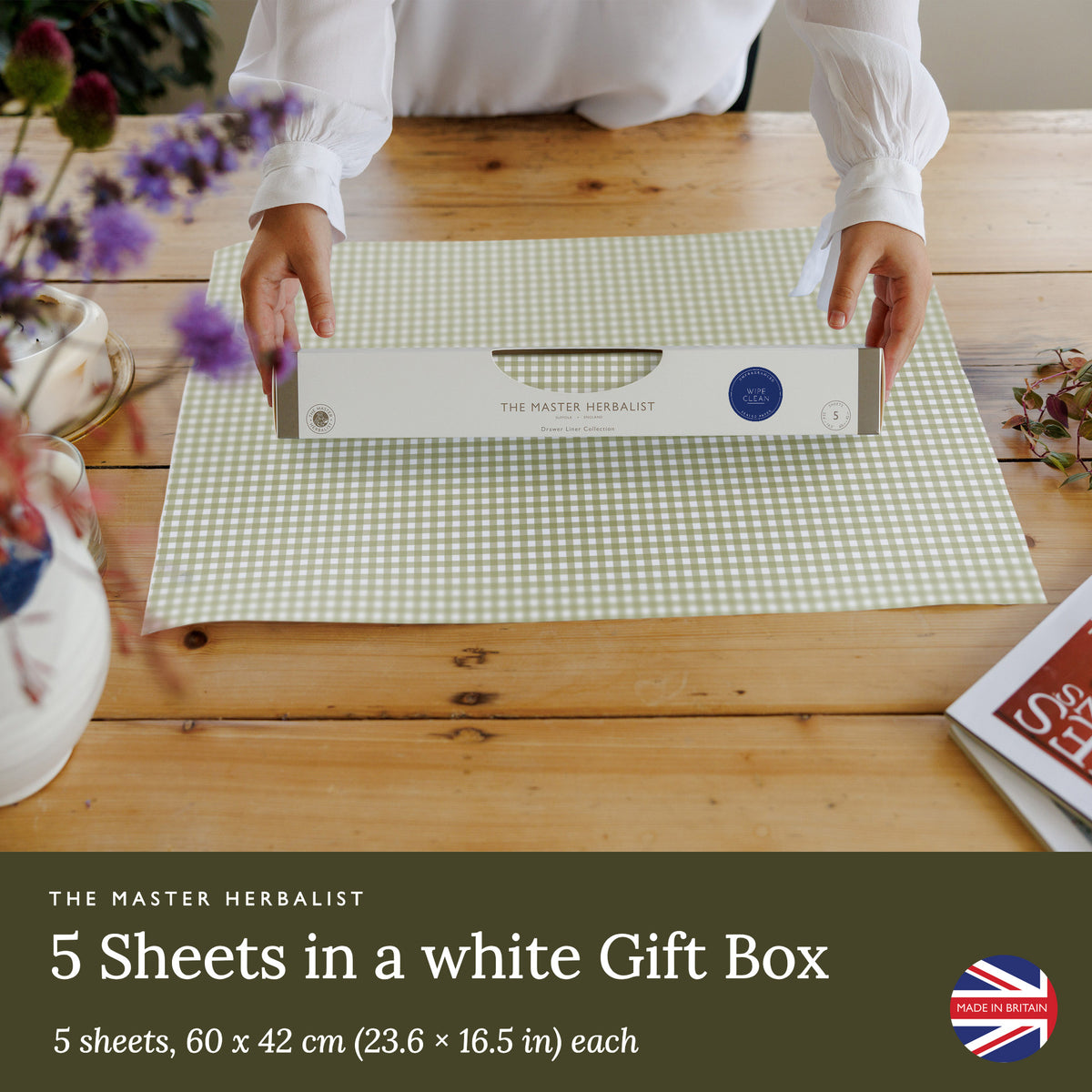 Sage Green Gingham wipe clean drawer liners: five sheets, 60 × 42 cm each, in a white gift box