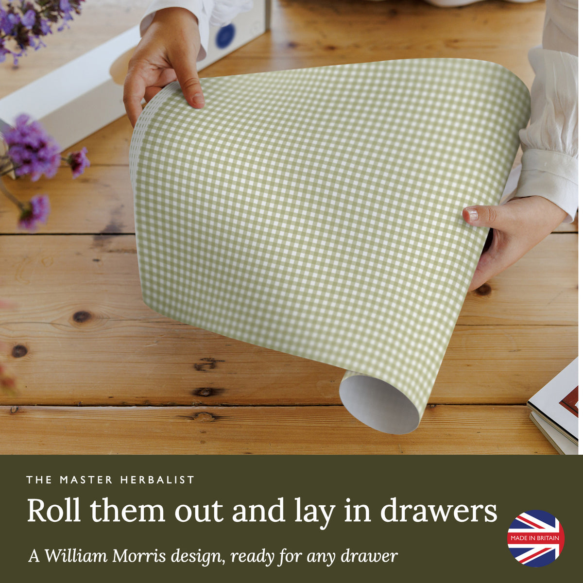 Roll out Sage Green Gingham wipe clean drawer liners and lay them in drawers