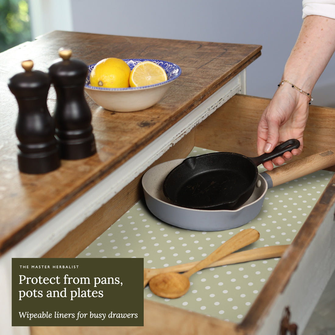 Wipe clean drawer liners, Sage Green Polka Dot design