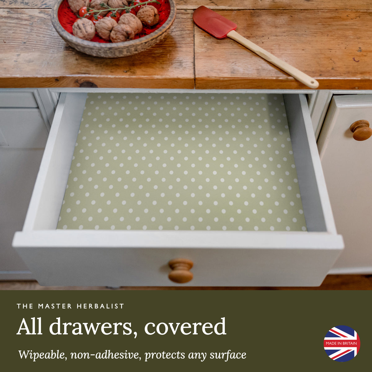 Sage Green Polka Dot wipe clean drawer liners cover any drawer: wipeable and non-adhesive