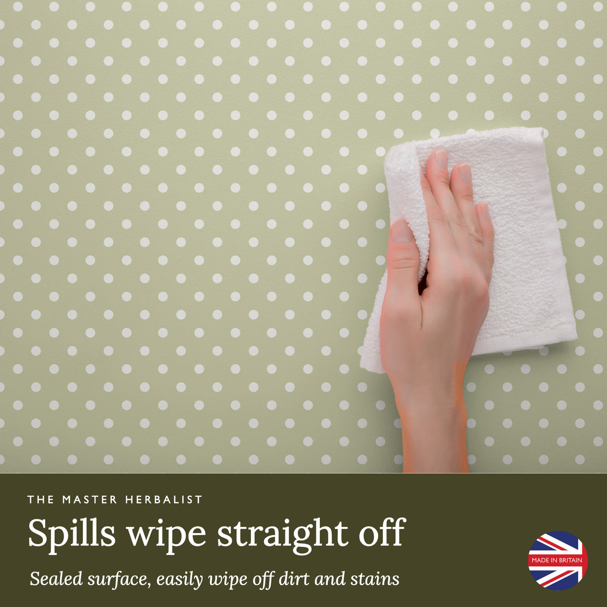 Spills wipe straight off a sealed Sage Green Polka Dot wipe clean drawer liner