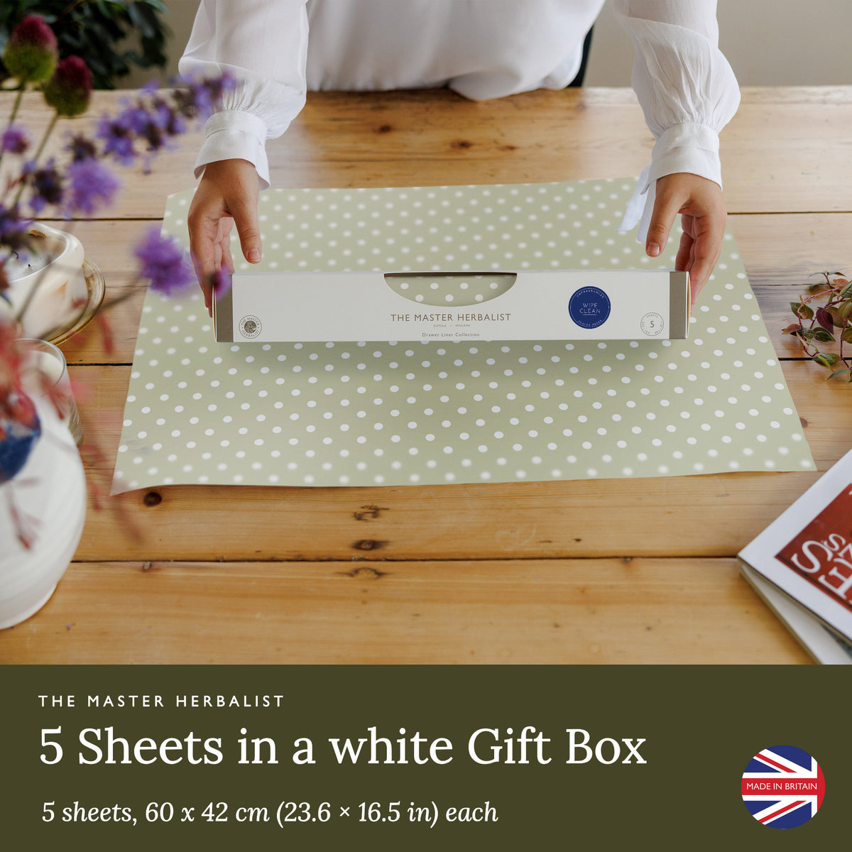 Sage Green Polka Dot wipe clean drawer liners: five sheets, 60 × 42 cm each, in a white gift box
