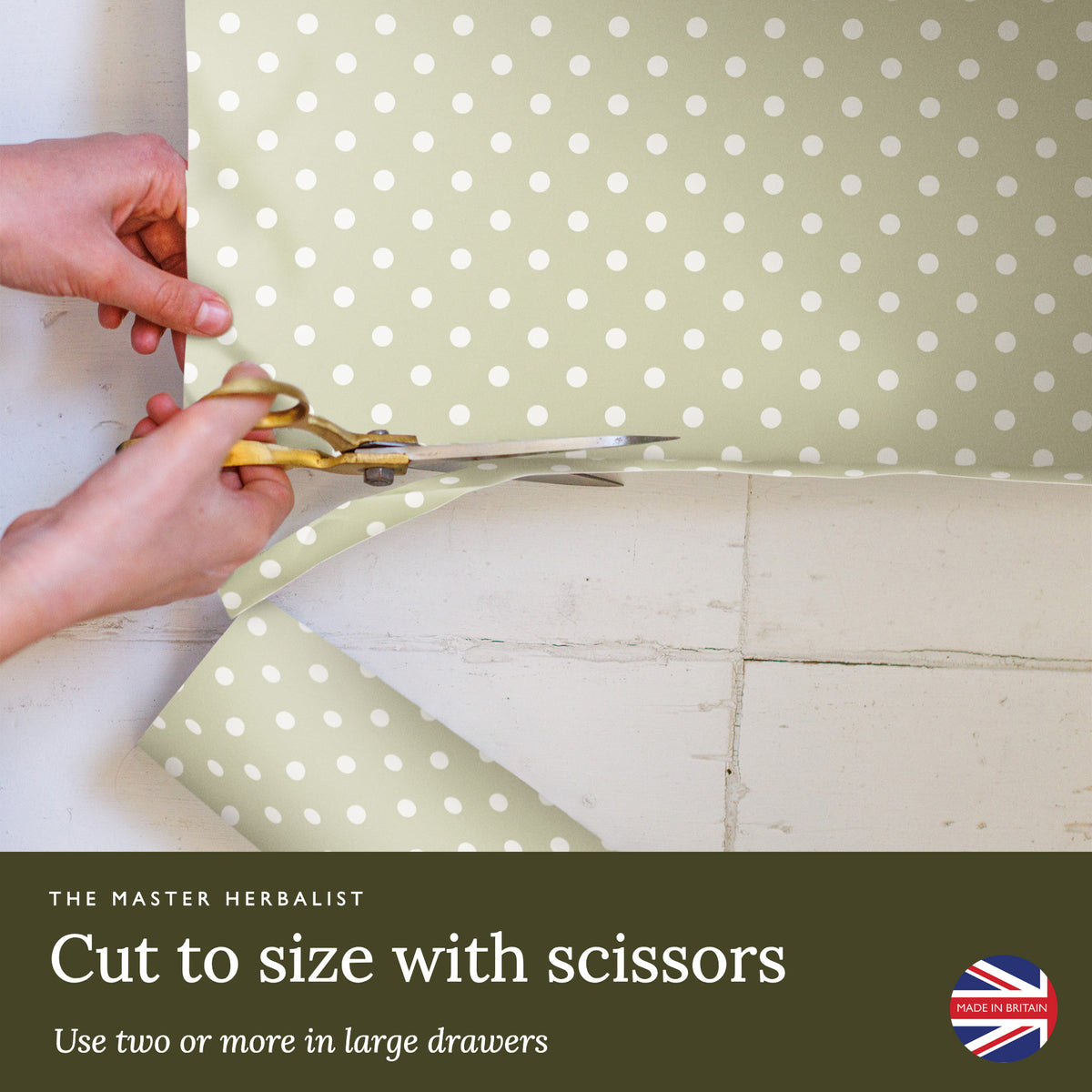 Cut Sage Green Polka Dot liners to size with scissors; use two or more in large drawers