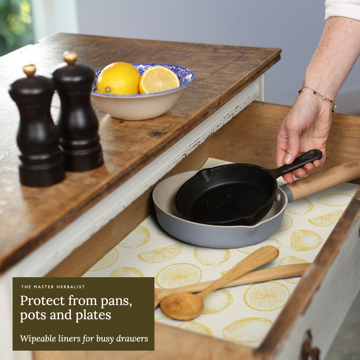 Lemons wipe clean drawer liners protect a drawer from pans, pots and plates