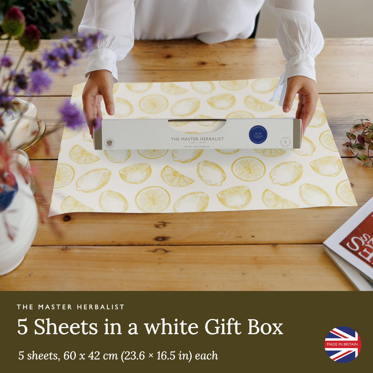 Lemons wipe clean drawer liners: five sheets, 60 × 42 cm each, in a white gift box