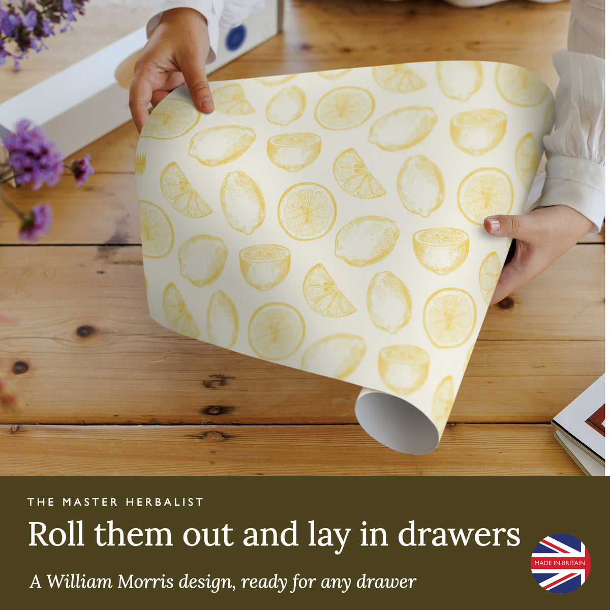 Roll out Lemons wipe clean drawer liners and lay them in drawers