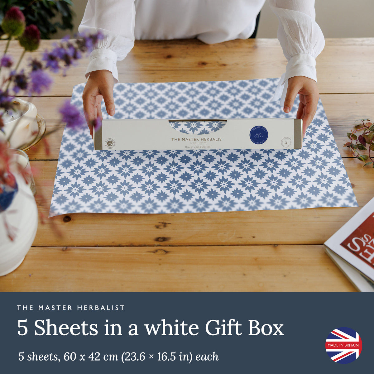 Mosaic wipe clean drawer liners: five sheets, 60 × 42 cm each, in a white gift box
