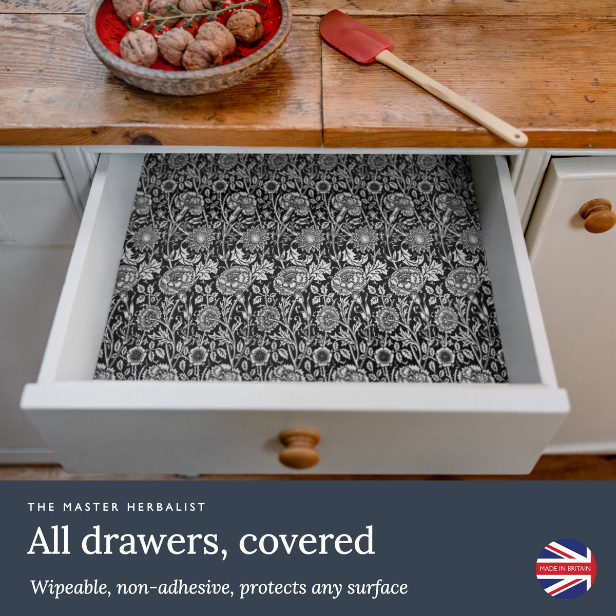 Black William Morris Pinks + Roses wipe clean drawer liners cover any drawer: wipeable and non-adhesive