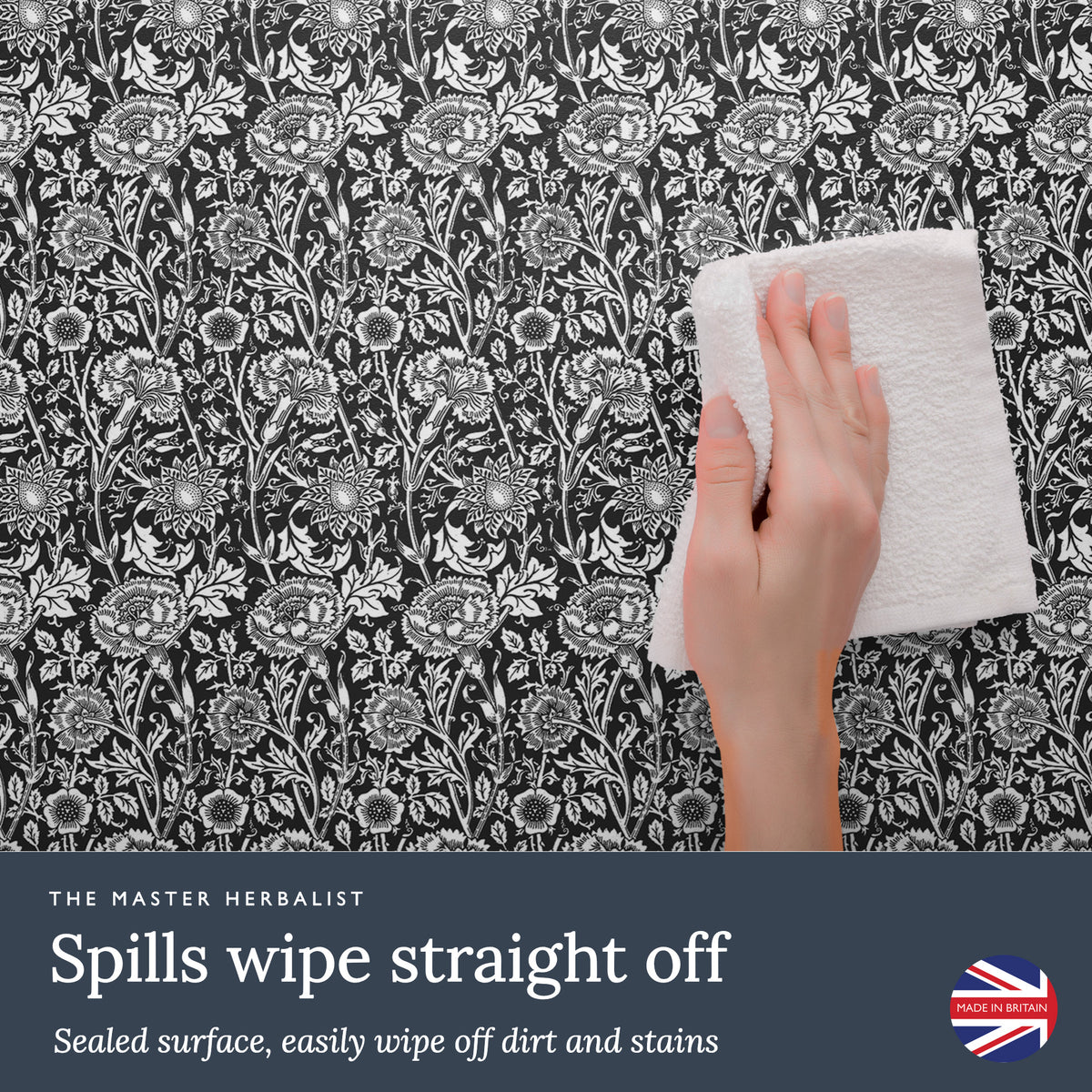 Spills wipe straight off a sealed Black William Morris Pinks + Roses wipe clean drawer liner