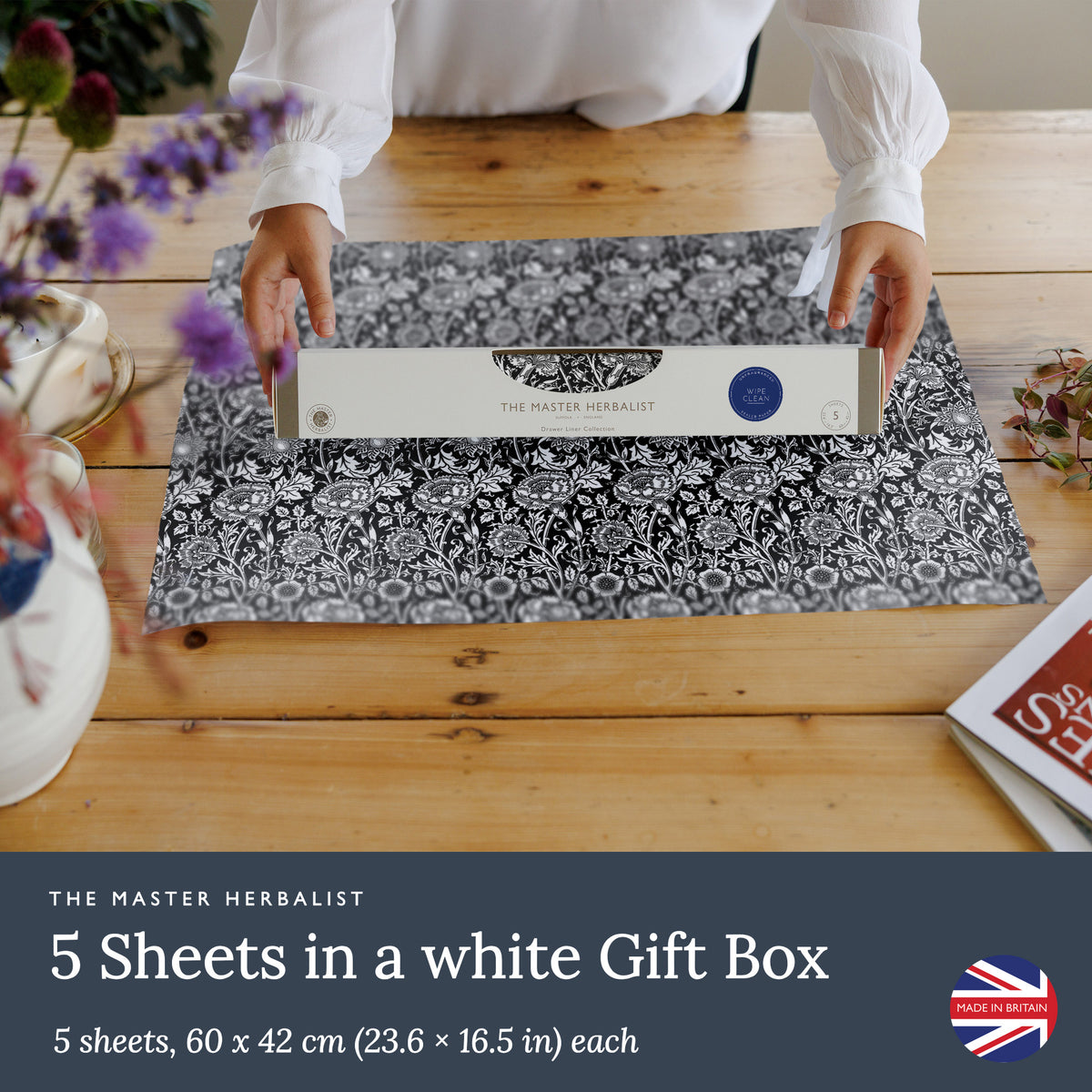 Black William Morris Pinks + Roses wipe clean drawer liners: five sheets, 60 × 42 cm each, in a white gift box