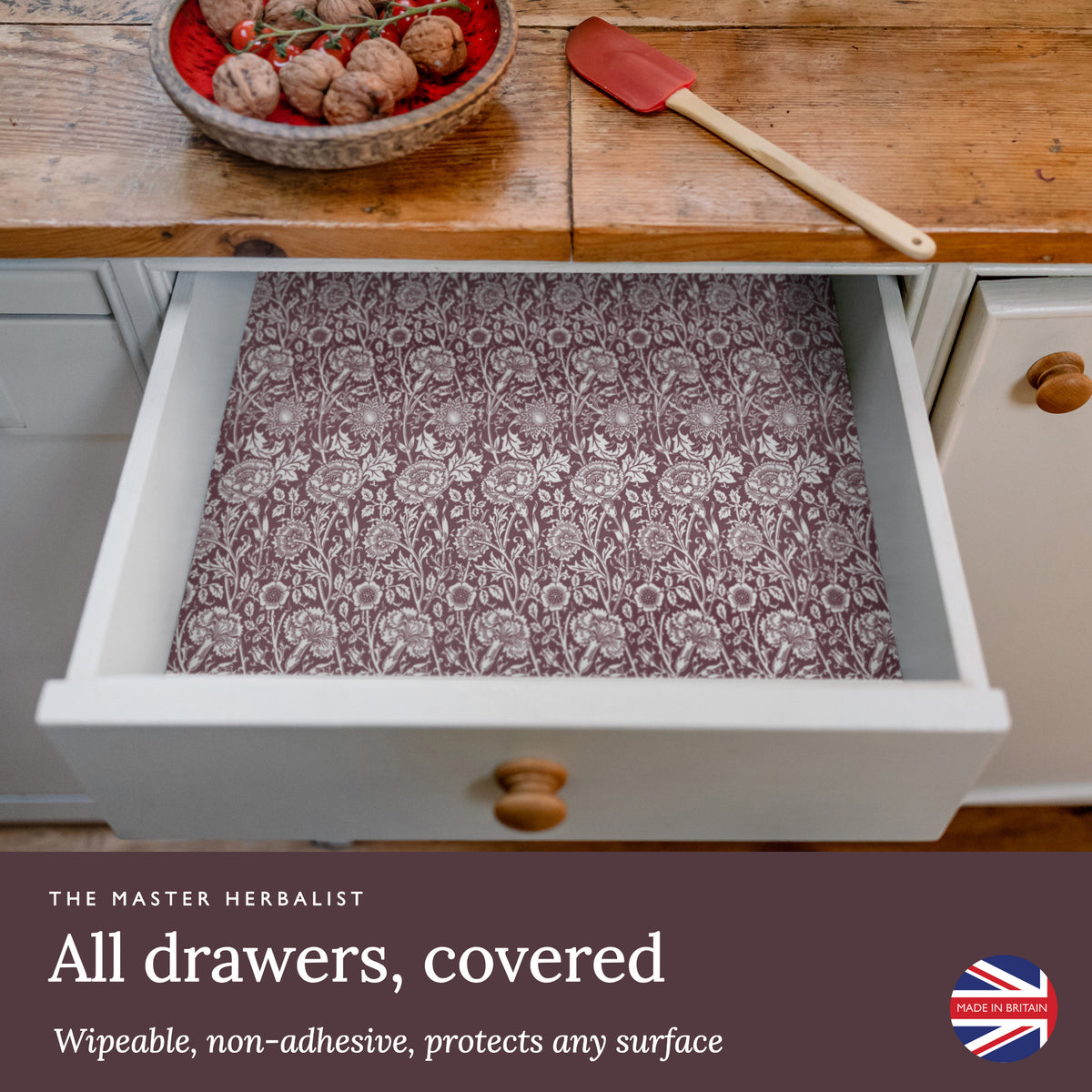 Damson William Morris Pinks + Roses wipe clean drawer liners cover any drawer: wipeable and non-adhesive