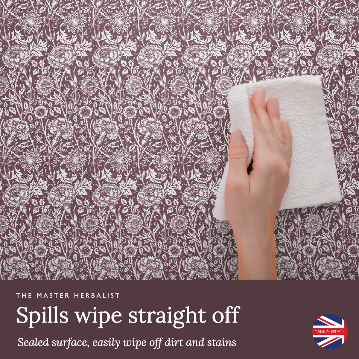 Spills wipe straight off a sealed Damson William Morris Pinks + Roses wipe clean drawer liner
