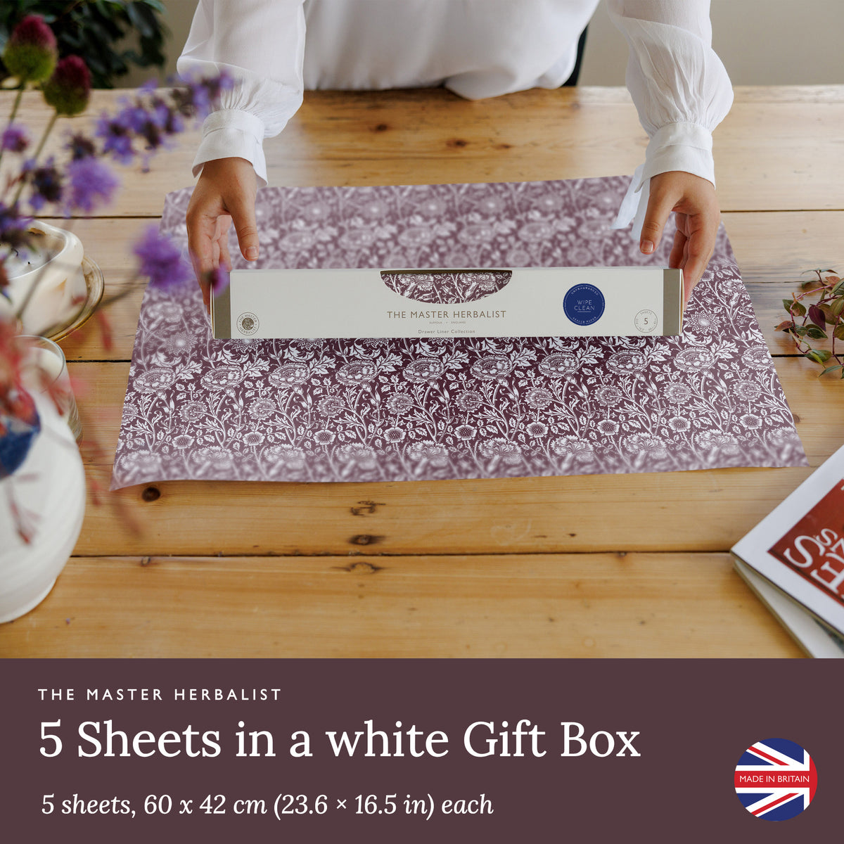 Damson William Morris Pinks + Roses wipe clean drawer liners: five sheets, 60 × 42 cm each, in a white gift box