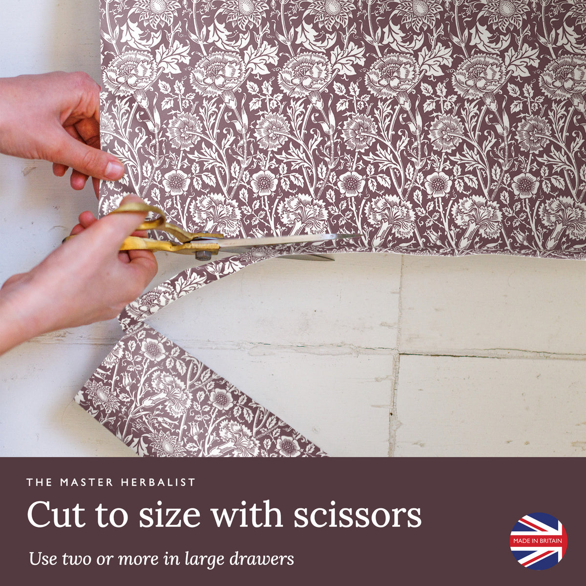 Cut Damson William Morris Pinks + Roses liners to size with scissors; use two or more in large drawers