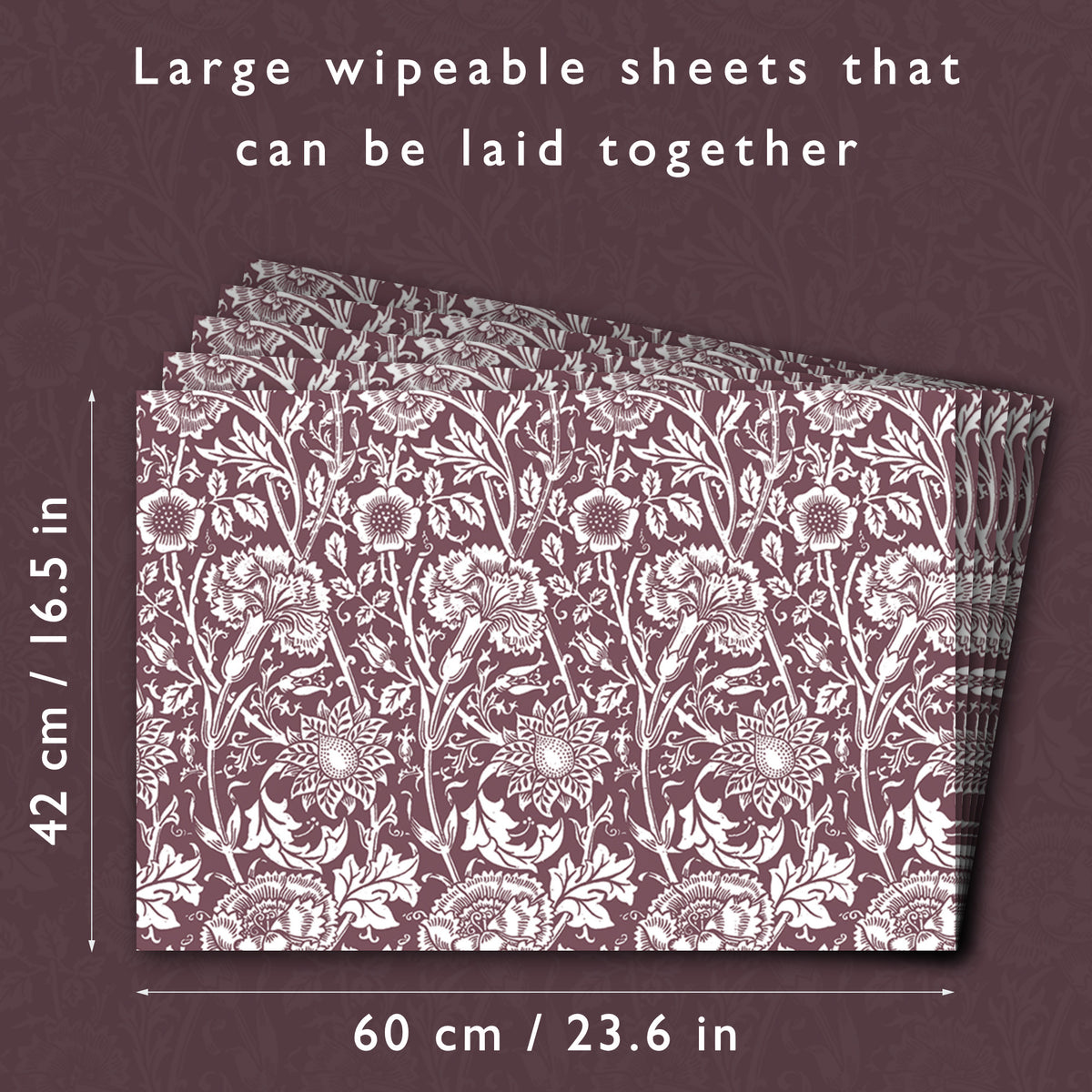 Large wipe clean sheets, 60 × 42 cm, can be laid together to cover a drawer