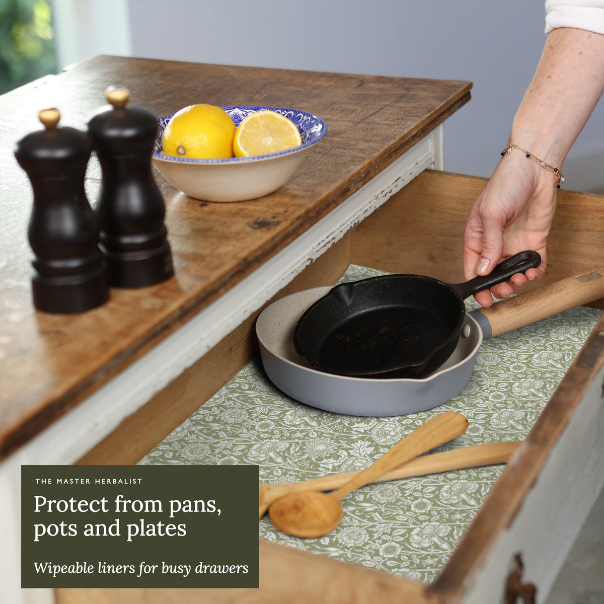 Sage Green William Morris Pinks + Roses wipe clean drawer liners protect a drawer from pans, pots and plates