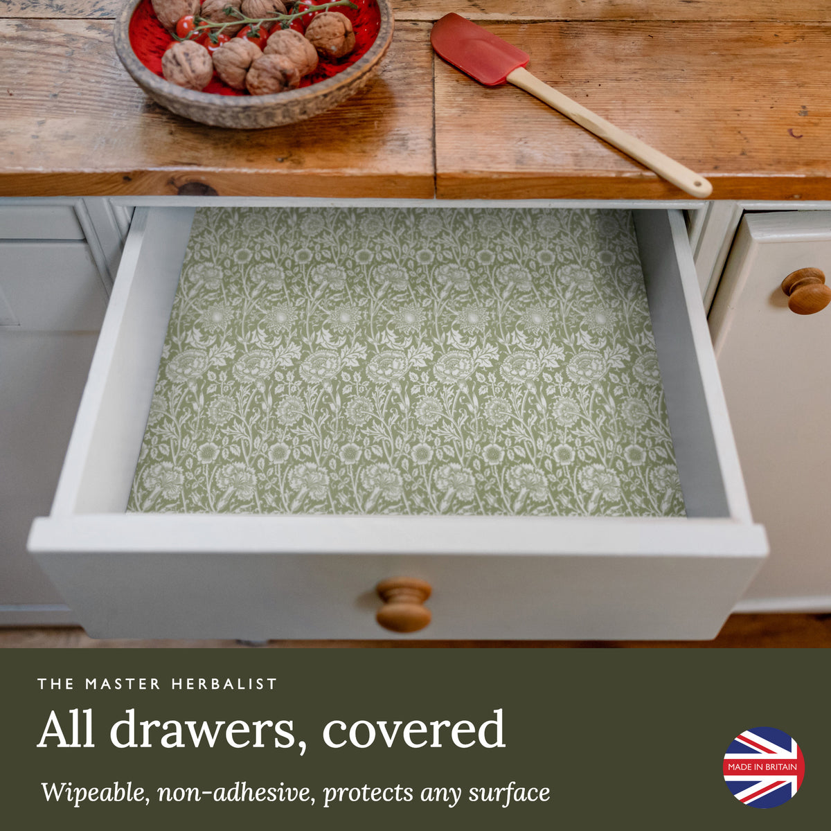 Sage Green William Morris Pinks + Roses wipe clean drawer liners cover any drawer: wipeable and non-adhesive