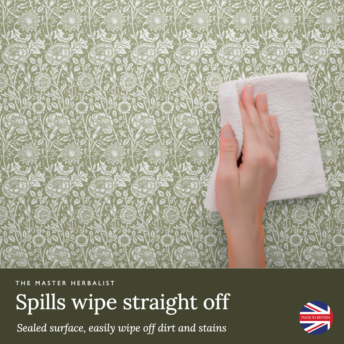 Spills wipe straight off a sealed Sage Green William Morris Pinks + Roses wipe clean drawer liner