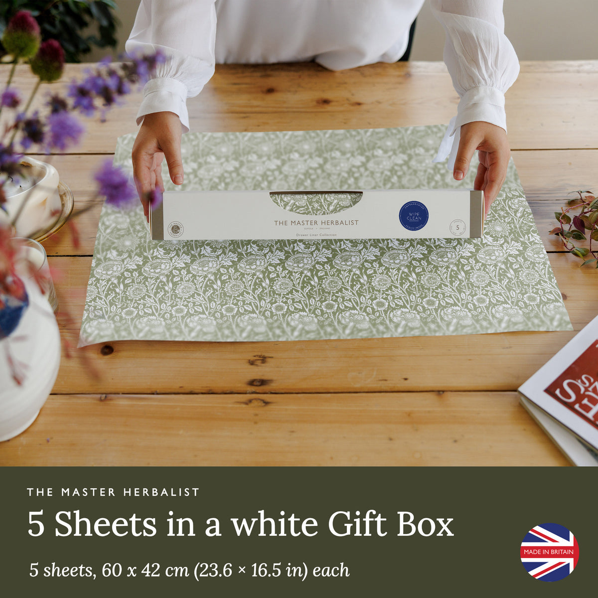 Sage Green William Morris Pinks + Roses wipe clean drawer liners: five sheets, 60 × 42 cm each, in a white gift box
