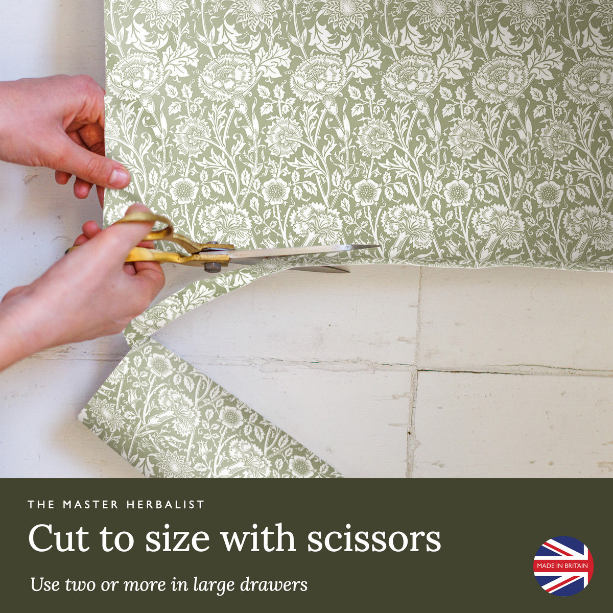Cut Sage Green William Morris Pinks + Roses liners to size with scissors; use two or more in large drawers