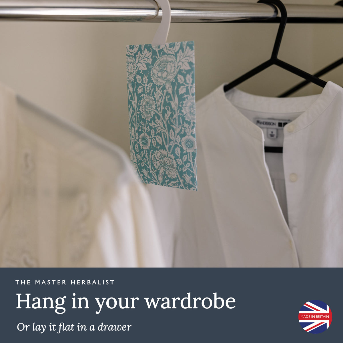 William Morris Pinks + Roses wardrobe freshener hanging in a wardrobe or laid flat in a drawer