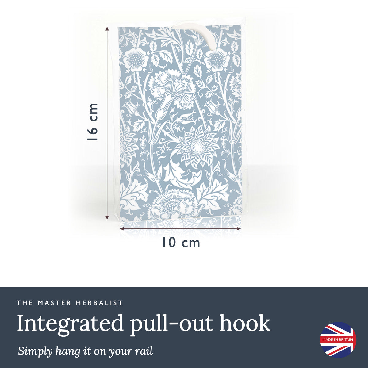 William Morris Pinks + Roses wardrobe freshener with an integrated pull-out hook, 10 × 16 cm, to hang on a rail