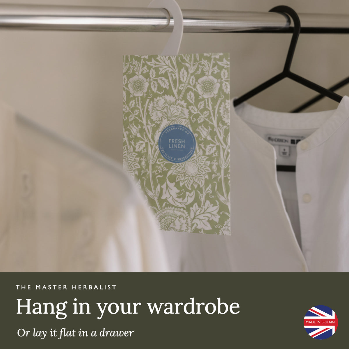 William Morris Pinks + Roses wardrobe freshener hanging in a wardrobe or laid flat in a drawer