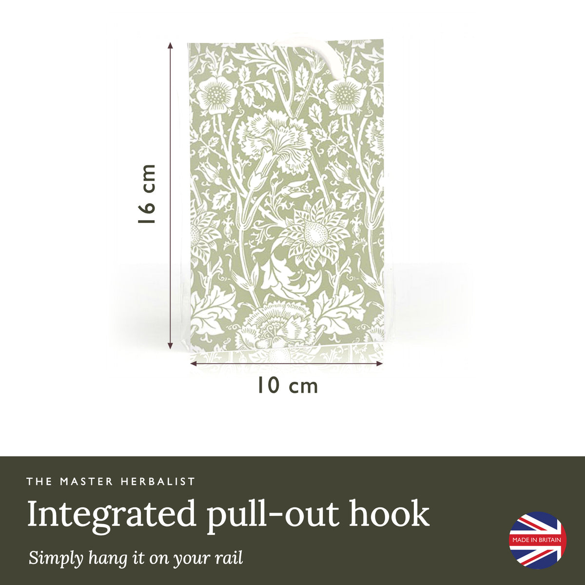 William Morris Pinks + Roses wardrobe freshener with an integrated pull-out hook, 10 × 16 cm, to hang on a rail