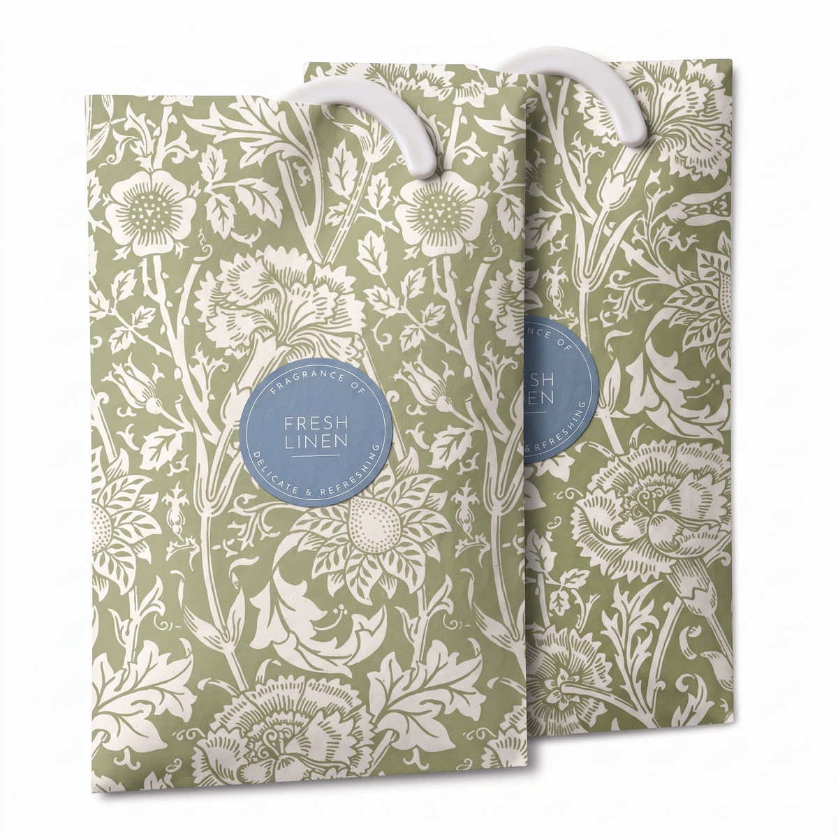 Fresh Linen scented wardrobe fresheners, Sage Green William Morris Pink & Rose design, 2 pack