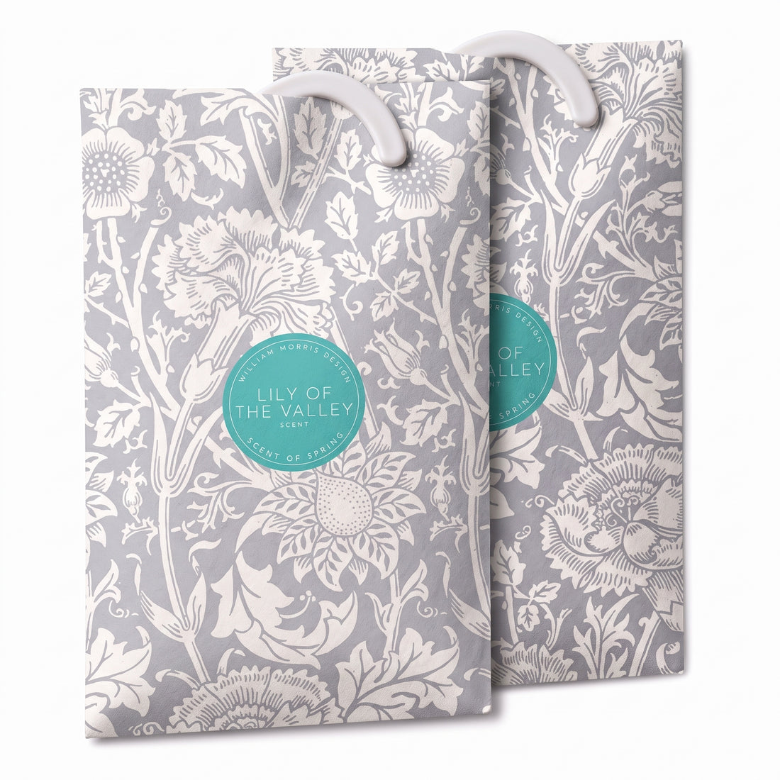 Lily of the Valley scented wardrobe fresheners, Soft Grey William Morris Pink & Rose design, 2 pack