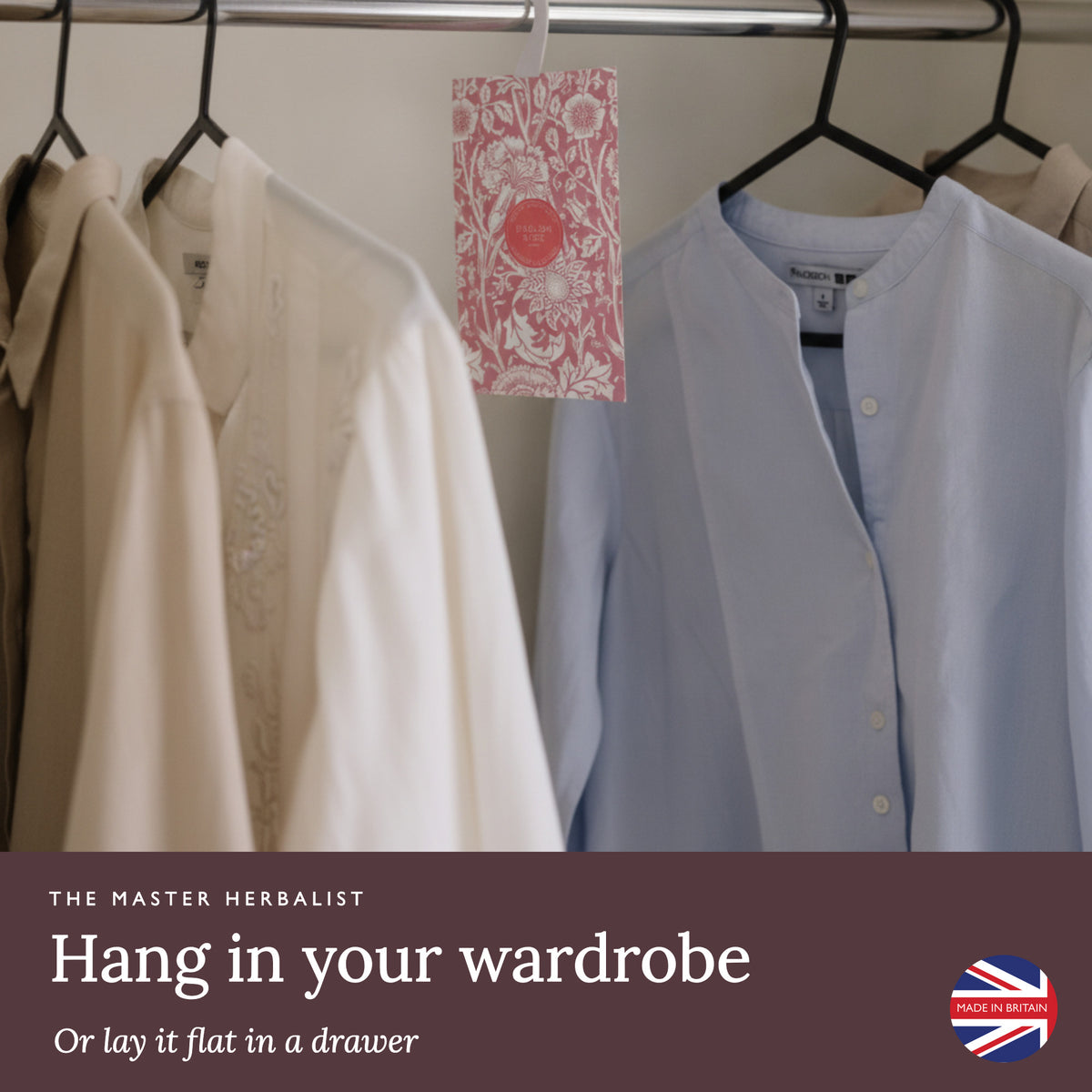 William Morris Pinks + Roses wardrobe freshener hanging in a wardrobe or laid flat in a drawer