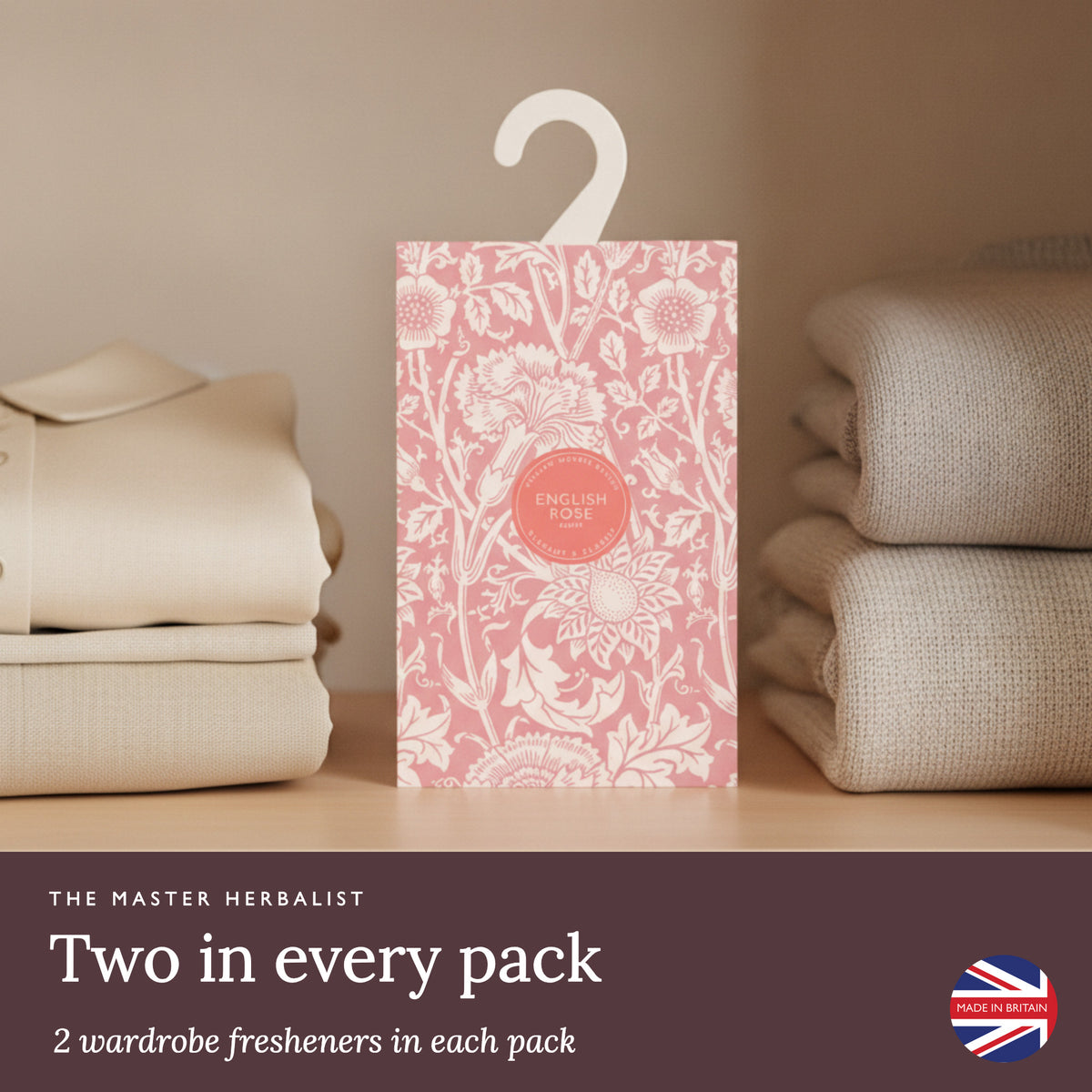 Two William Morris Pinks + Roses wardrobe fresheners in every pack