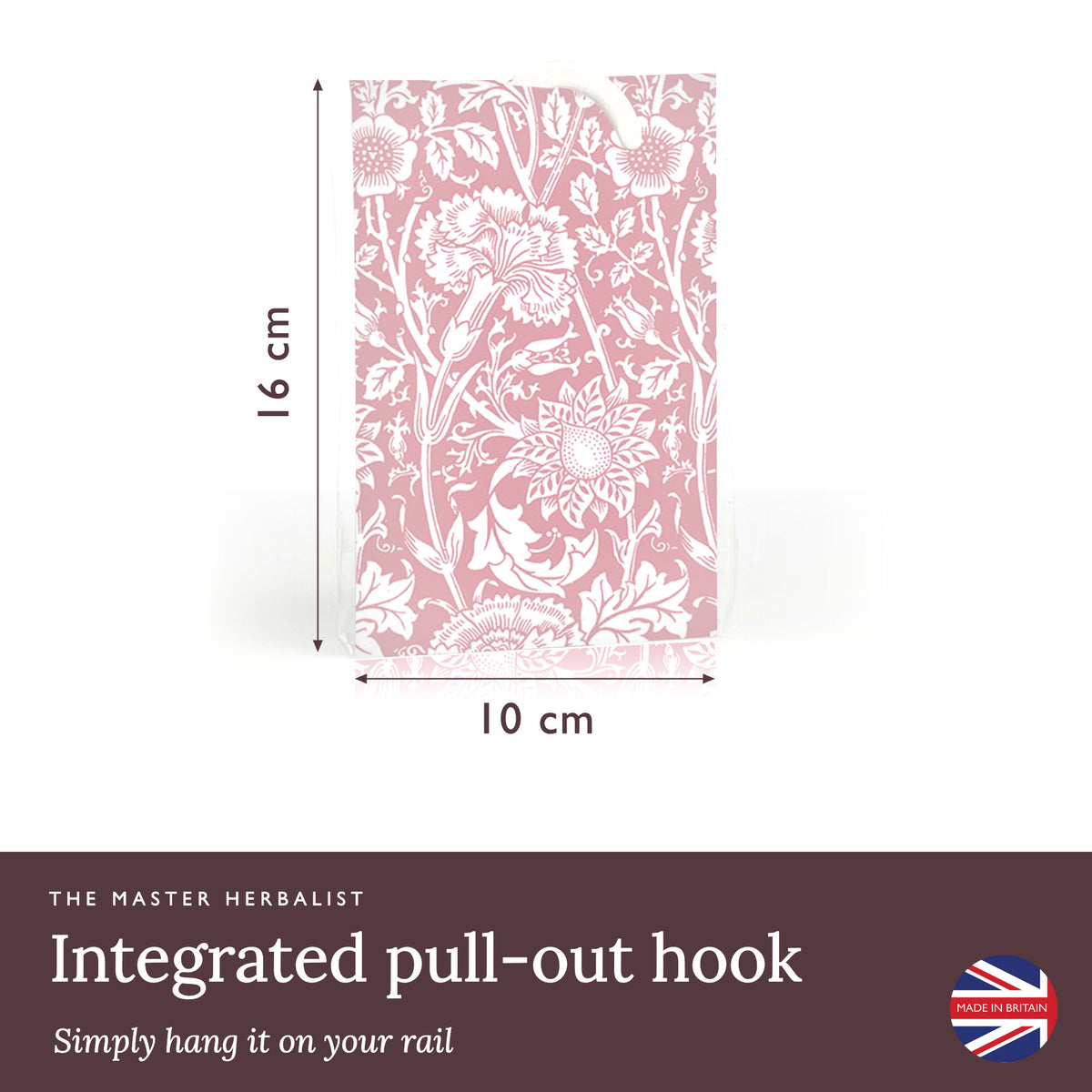 William Morris Pinks + Roses wardrobe freshener with an integrated pull-out hook, 10 × 16 cm, to hang on a rail