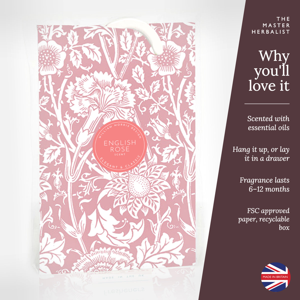 English Rose wardrobe freshener: essential oils, hang or lay in a drawer, FSC paper, recyclable box