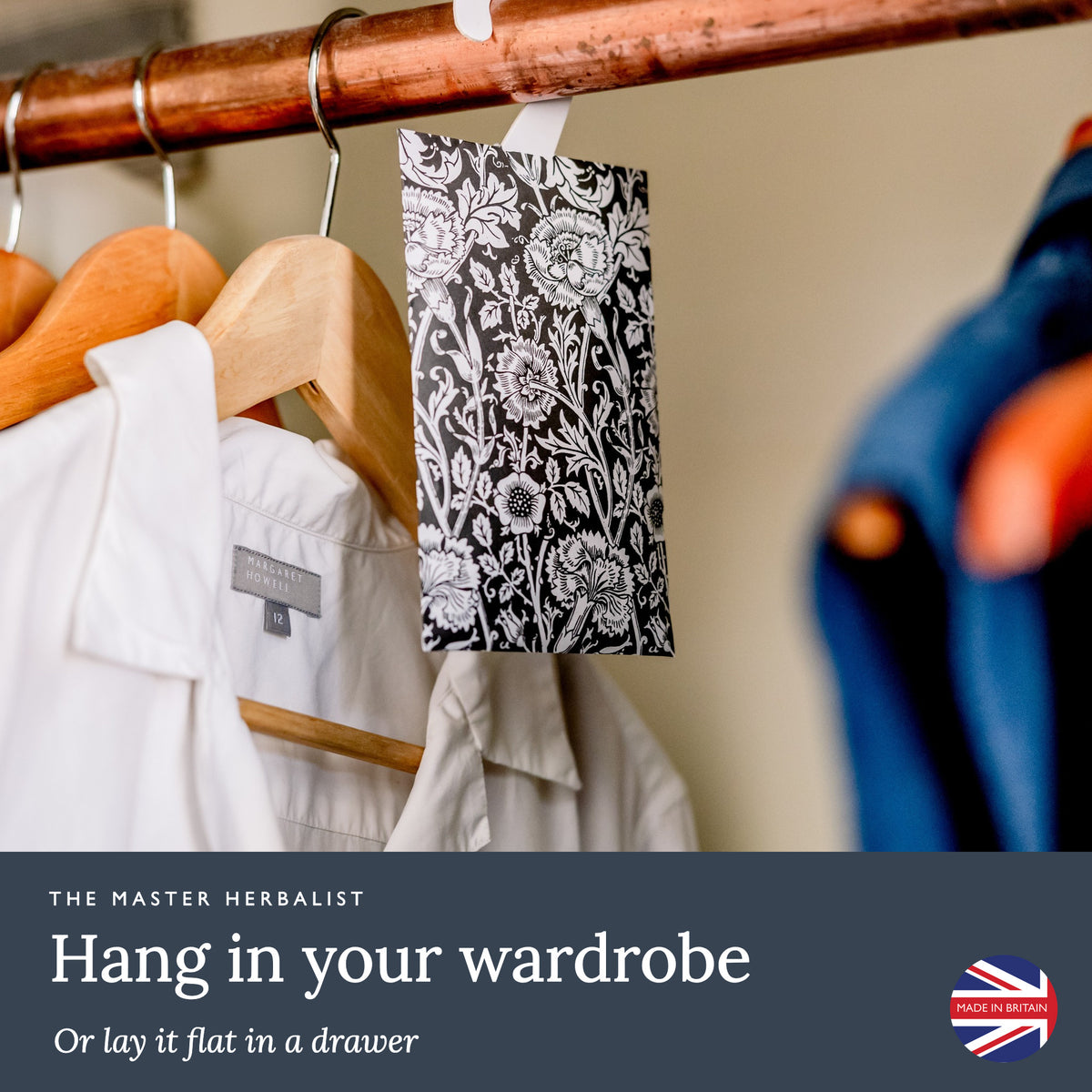 William Morris Pinks + Roses wardrobe freshener hanging in a wardrobe or laid flat in a drawer
