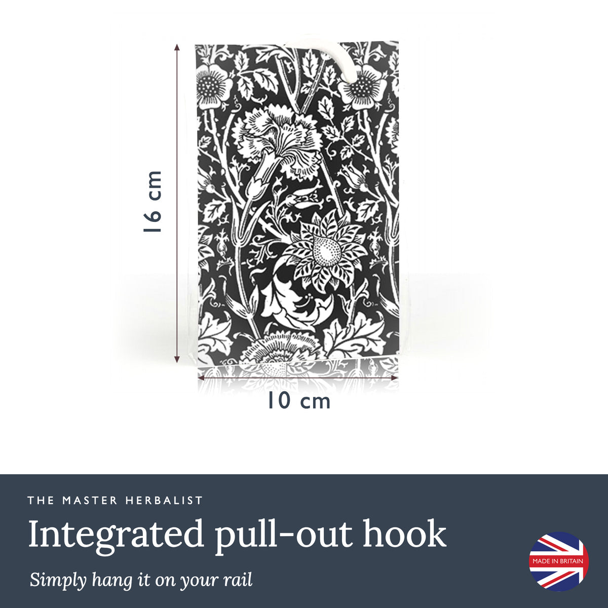 William Morris Pinks + Roses wardrobe freshener with an integrated pull-out hook, 10 × 16 cm, to hang on a rail