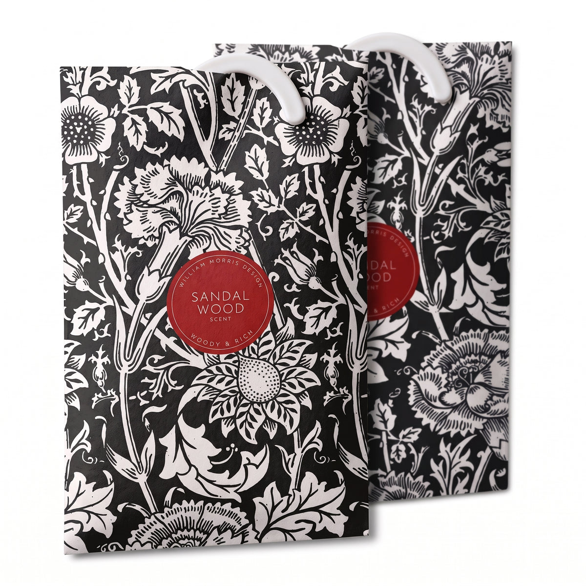 Sandalwood scented wardrobe fresheners, Black William Morris Pink & Rose design, 2 pack