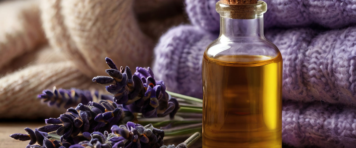 Lavender sprigs and oil beside knitted jumpers1621243260e1af0c20-2